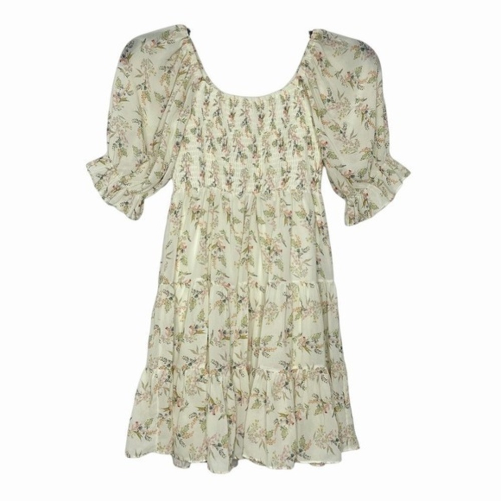 Flying Tomato Dress Womens Size M Ivory Floral Smocked Mini Puff Sleeve - Picture 4 of 7